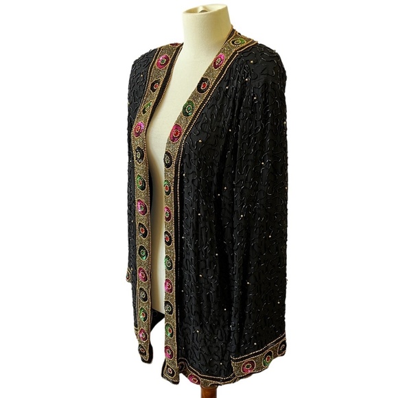 TAN CHHO EVENING JACKET XL BEADED OPEN FRONT ELEGANT VINTAGE SILK COCKTAIL - Picture 4 of 13